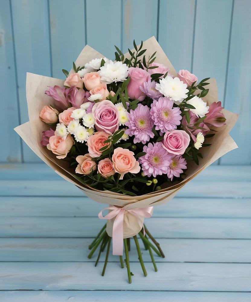Букет цветов из: Хризантемы, Розы и Альстромерии в Новосергиевской