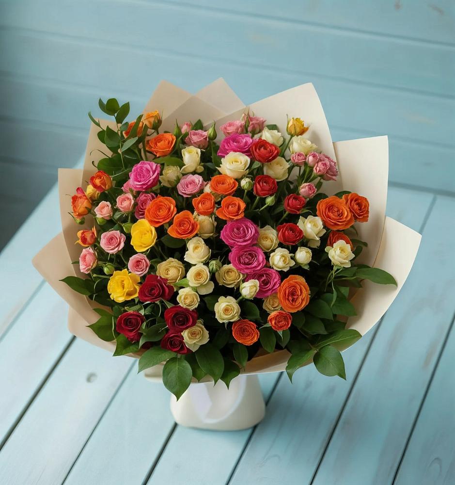 Букет Микс из разноцветных кустовых роз в Новосергиевской
