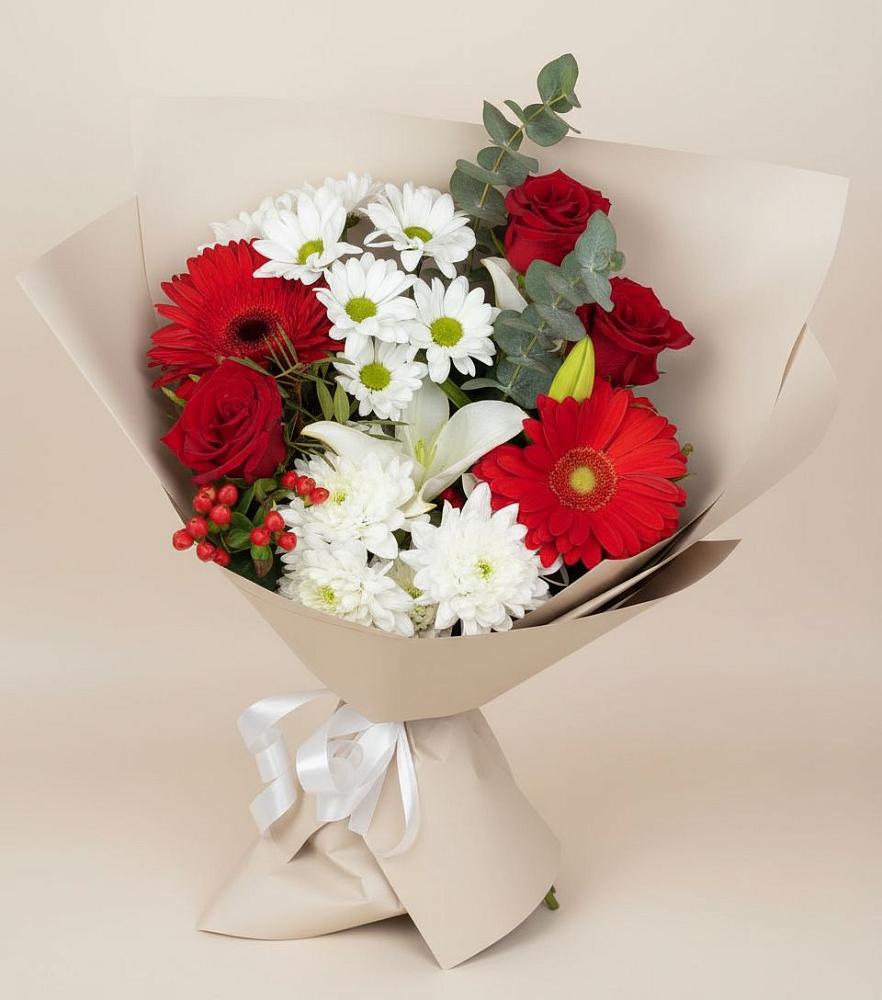 Букет цветов из: Розы, Хризантемы, Герберы и Лилии в Новосергиевской