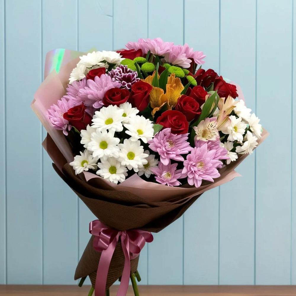 Букет цветов из: Розы, Хризантемы и Альстромерии в Новосергиевской