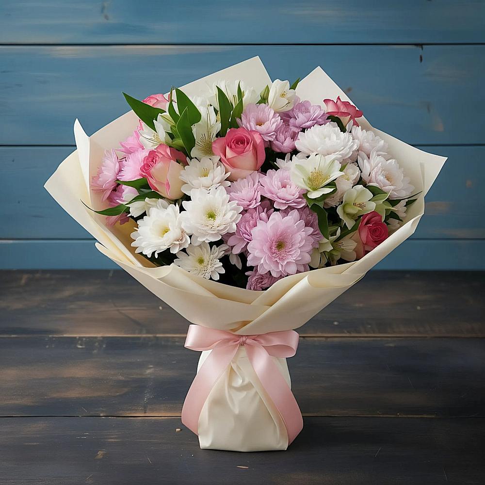 Букет цветов из: Хризантемы, Альстромерии и Розы в Новосергиевской